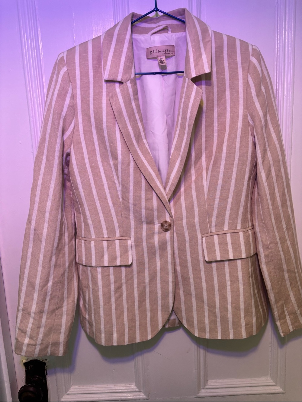 Philosophy Tan and White Striped Single-Button Blazer linen blend